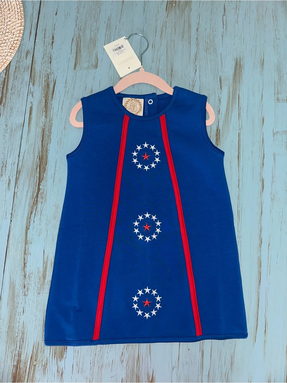 The Beaufort Bonnet Company Navy Blue Sleeveless Shift Dress with Red Trim